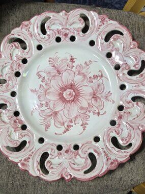 Vintage Vestal Alcobaca Portugal Pink Floral Reticulated Plate Charger 13" #965
